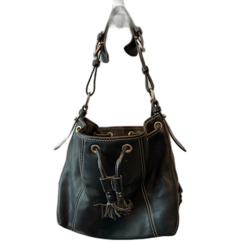 Dooney & Bourke CE718 Drawstring Slouch Bucket Bag Black Pebbled Leather
